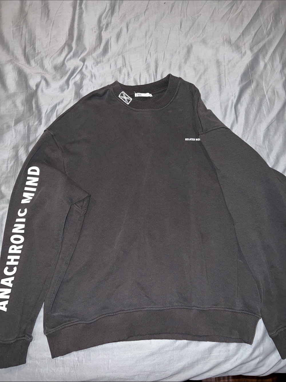 Zara Black Crewneck Sweater with White Sleeve Text